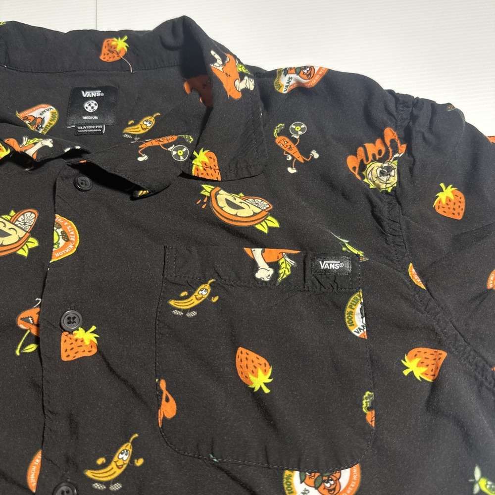 Vans Men's Black Short Sleeve Button-Up, Fruit Sticker Pattern, Size Medium - Picture 8 of 10